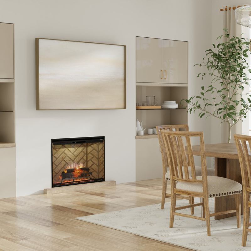Dimplex Revillusion electric fireplace with herringbone brick interior near a dining area
