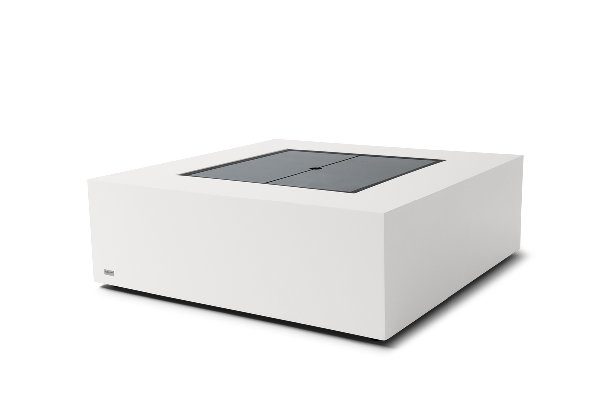 EcoSmart Fire Base 40 fire table in Bone with glass cover plate fitted over the burner