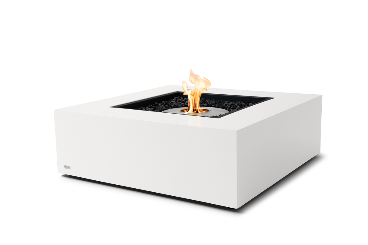 EcoSmart Fire Base 40 fire table in Bone Fluid Concrete with ethanol burner lit