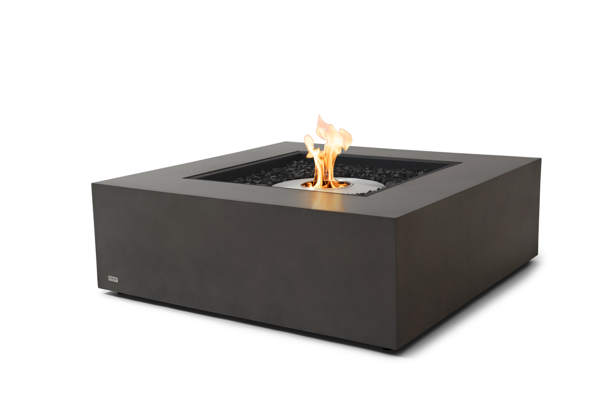 EcoSmart Fire Base 40 fire table in Natural Fluid Concrete with stainless steel ethanol burner lit