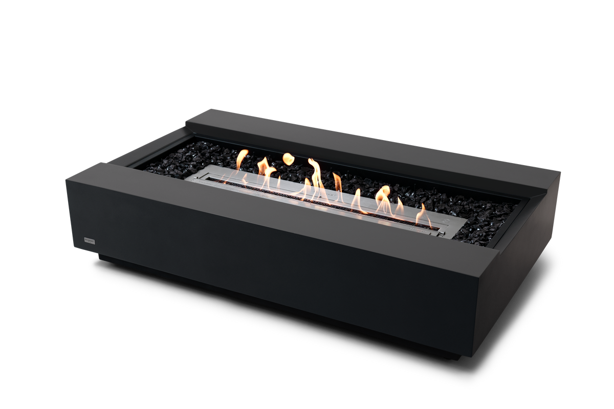 EcoSmart Fire Cosmo 50 fire table in Graphite Fluid Concrete with stainless steel ethanol burner lit