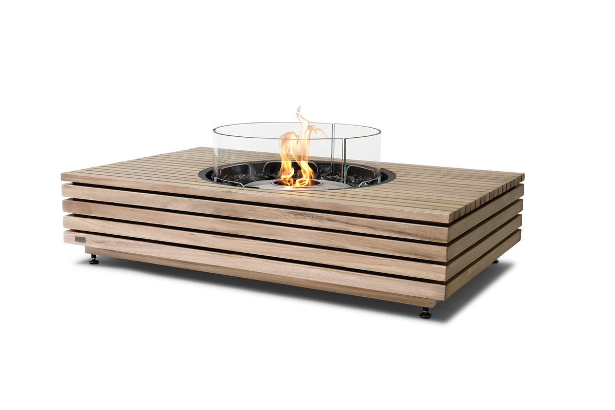 EcoSmart Fire Martini 50 fire table in oiled teak with glass fire screen