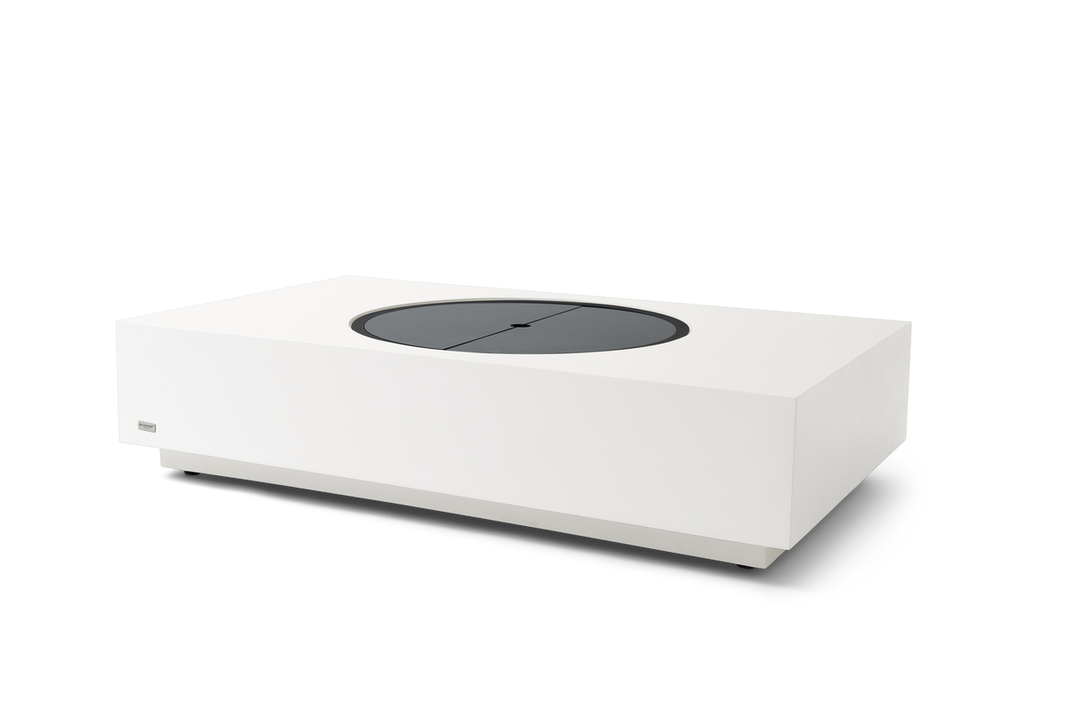 EcoSmart Fire Martini 50 in Bone with glass cover plate fitted, converting the burner into table surface