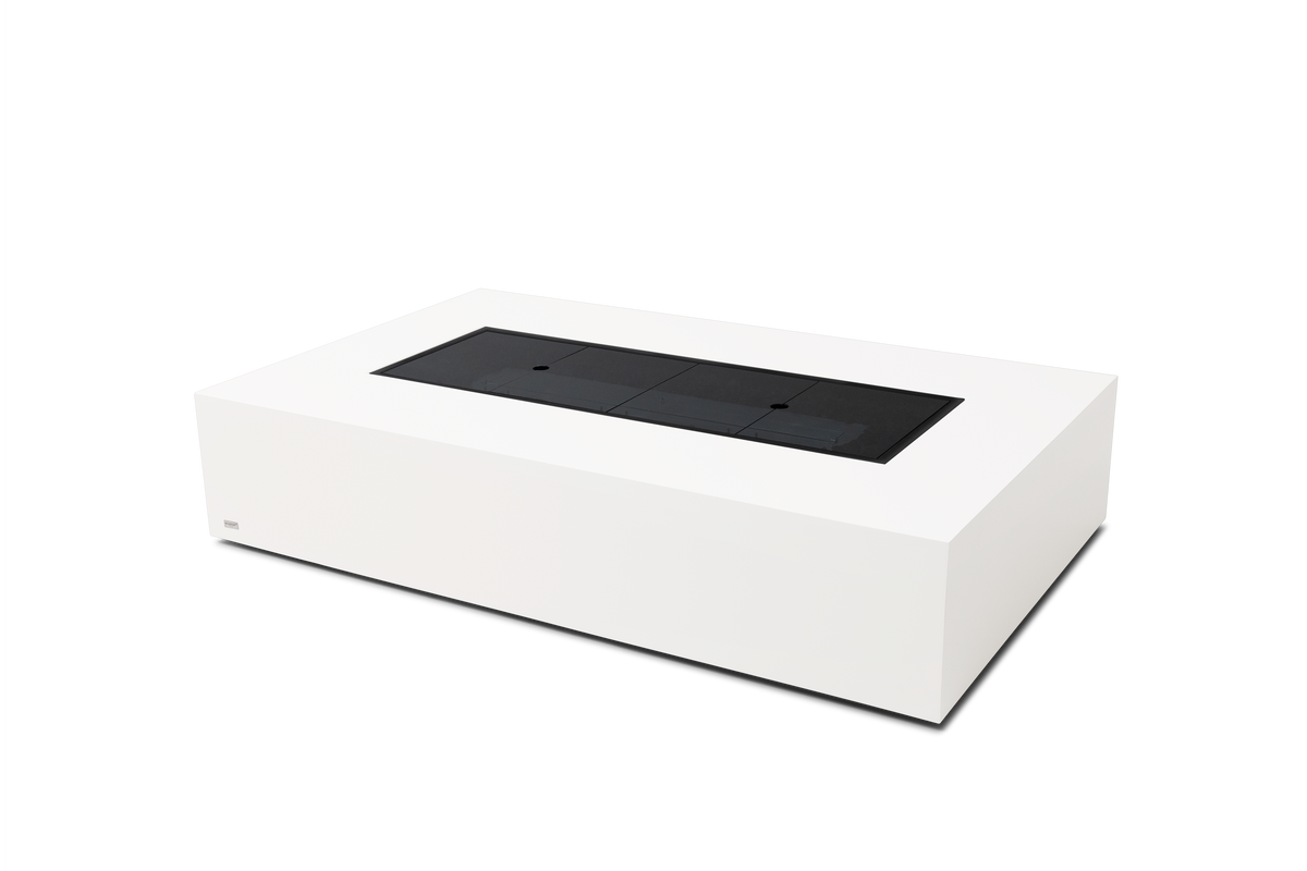 EcoSmart Fire Wharf 65 in Bone with glass cover plate fitted, converting the burner into table surface