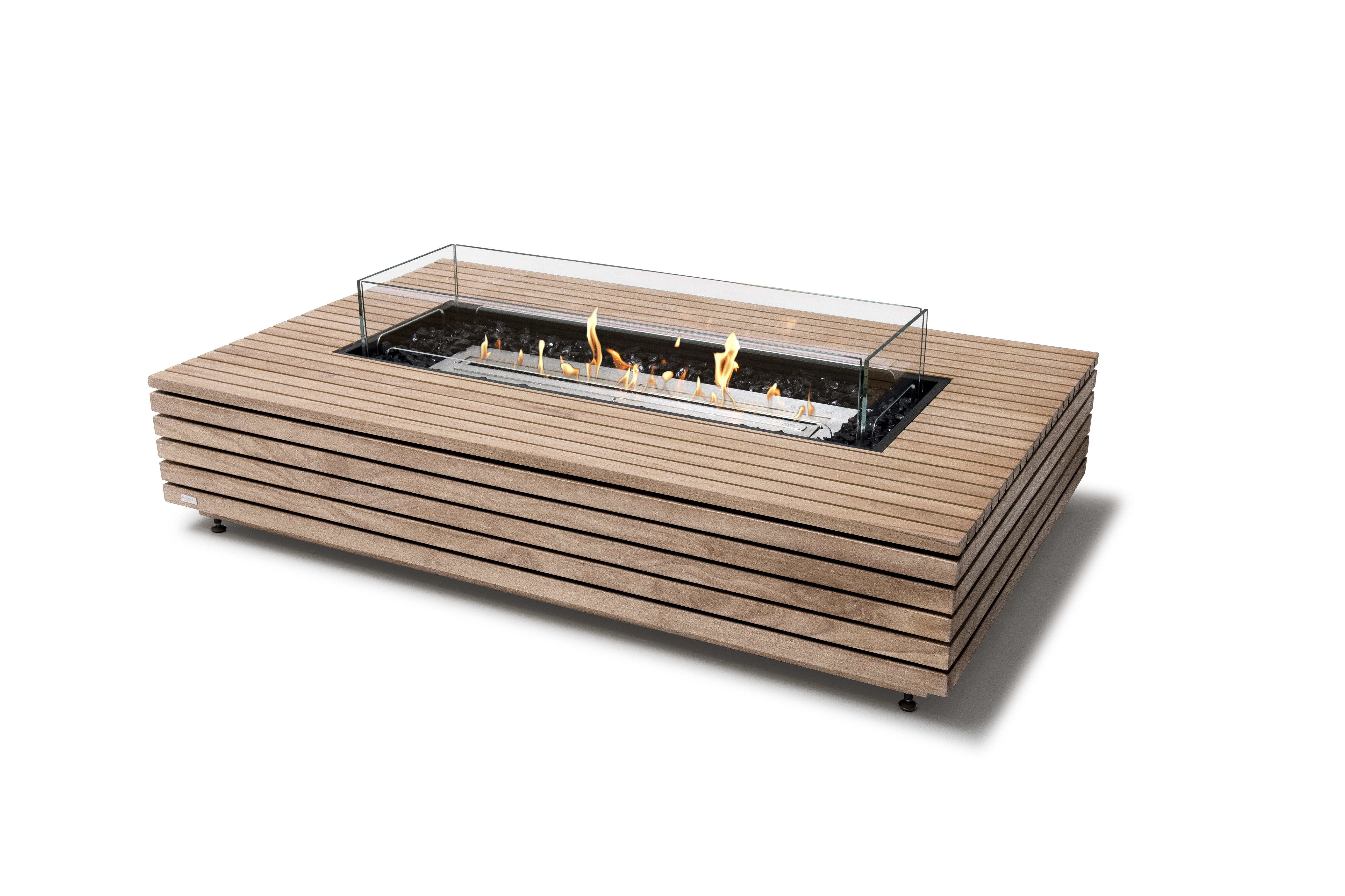 EcoSmart Fire Wharf 65 fire table in oiled teak with glass fire screen