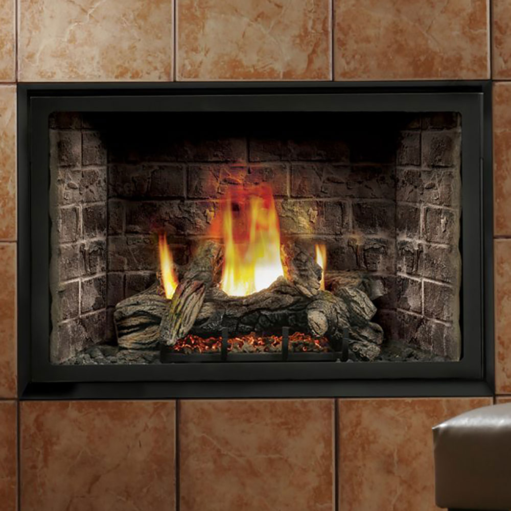 Kingsman Heritage 42-inch dual burner direct vent gas fireplace with brick liner and traditional log set