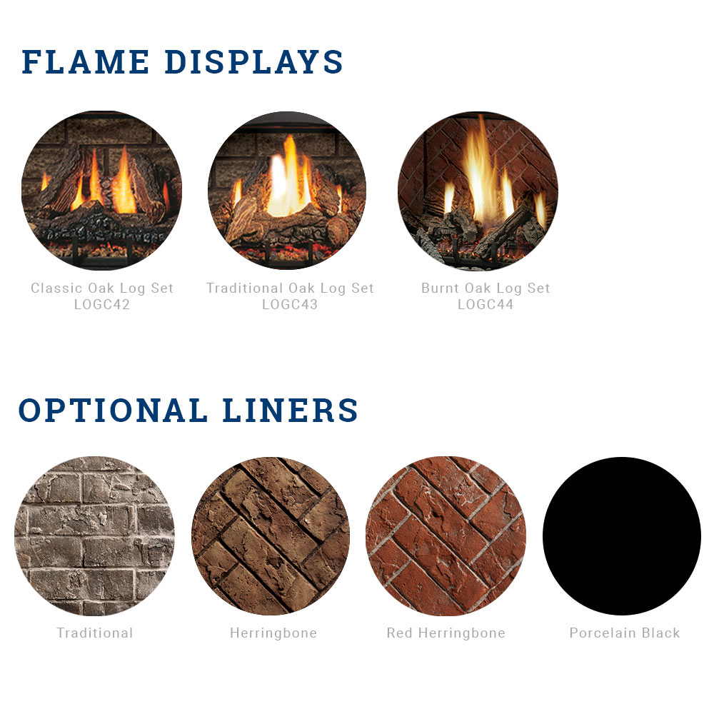 Kingsman Heritage 42-inch dual burner direct vent gas fireplace with brick liner and traditional log set