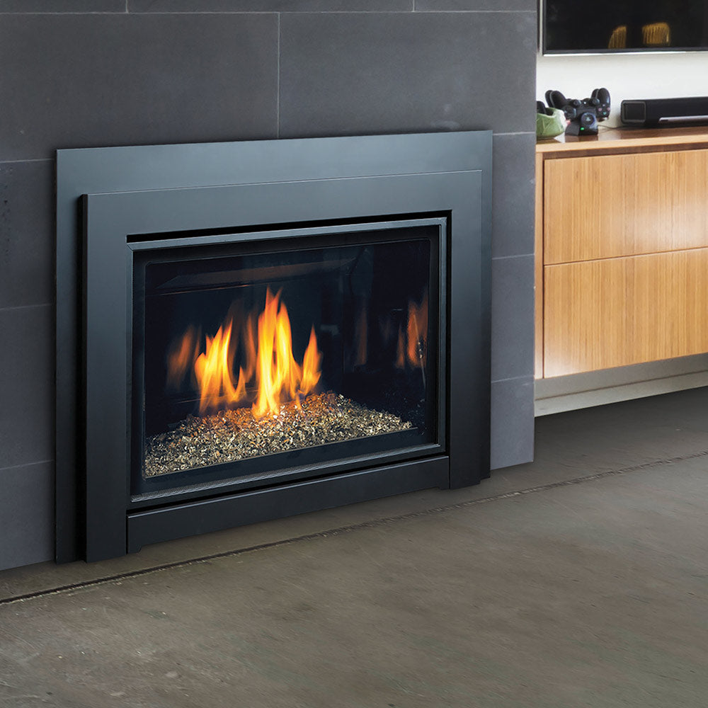 Kingsman Clean View 44-inch direct vent gas fireplace insert with ceramic glass and glowing ember burner