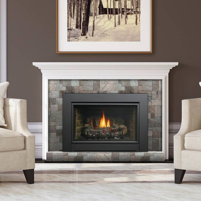 Kingsman IDV34 34 inch Direct Vent Gas Fireplace Insert face on under white mantel