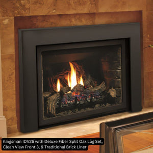 Kingsman IDV26 with Deluxe Fiber Split Oak Log Set Clean View Front 3 Traditional Brick Liner