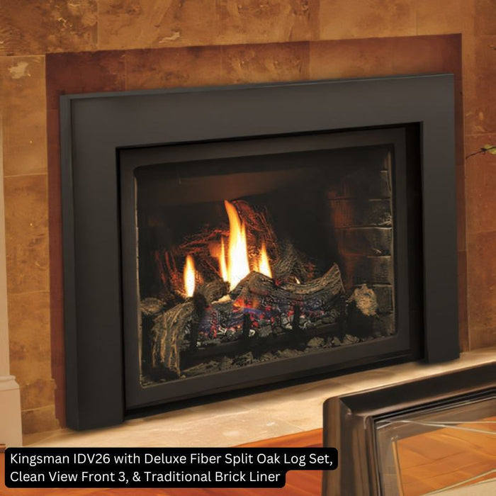 Kingsman IDV26 with Deluxe Fiber Split Oak Log Set Clean View Front 3 Traditional Brick Liner
