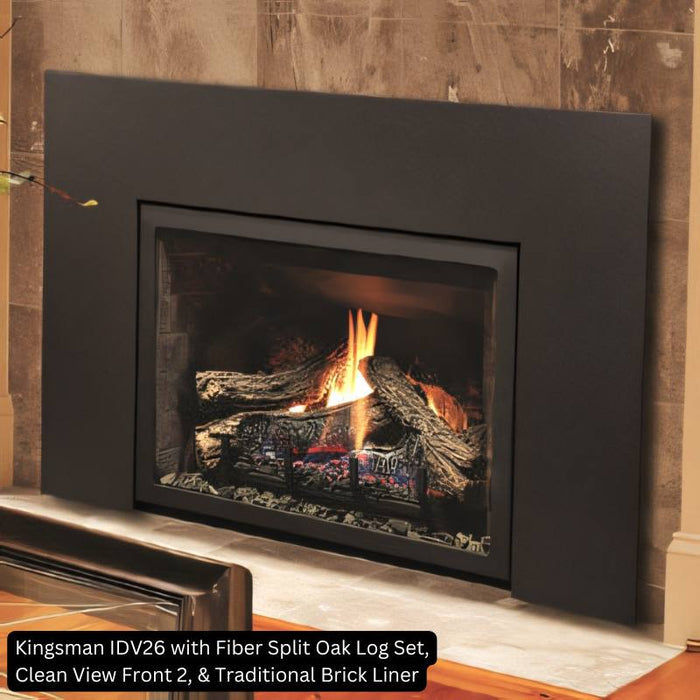 Kingsman IDV26 with Fiber Split Oak Log Set Clean View Front 2 Traditional Brick Liner