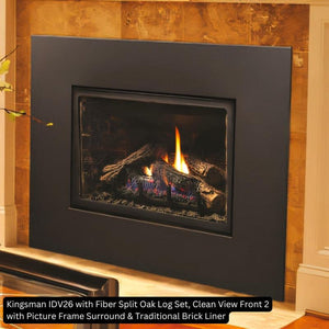 Kingsman IDV26 with Fiber Split Oak Log Set Clean View Front 2 with Picture Frame Surround Traditional Brick Liner