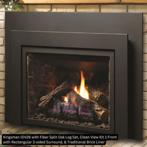 Kingsman IDV26 with Fiber Split Oak Log Set Clean View Kit 1 Front Rectangular 3-sided Surround Traditional Brick Liner