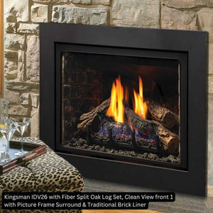 Kingsman IDV26 with Fiber Split Oak Log Set Clean View front 1 with Picture Frame Surround Traditional Brick Liner
