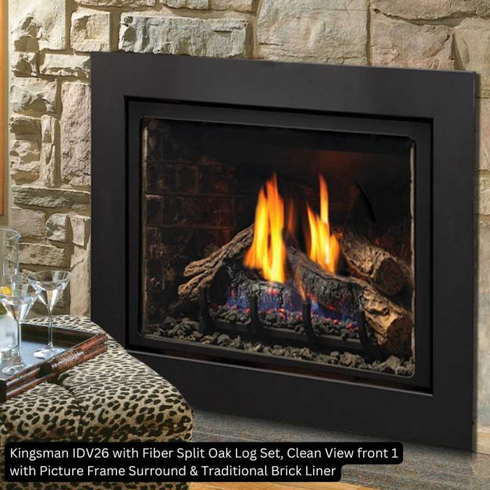 Kingsman IDV26 with Fiber Split Oak Log Set Clean View front 1 with Picture Frame Surround Traditional Brick Liner