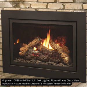 Kingsman IDV26 with Fiber Split Oak Log Set Picture Frame Clean View Front with Picture Frame Surround Porcelain Reflective Liner