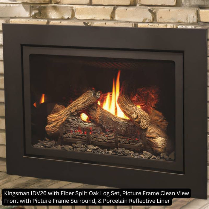 Kingsman IDV26 with Fiber Split Oak Log Set Picture Frame Clean View Front with Picture Frame Surround Porcelain Reflective Liner
