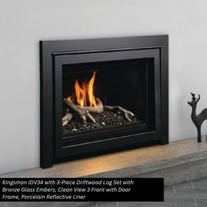 Kingsman IDV34 with 3-Piece Driftwood Log Set with Bronze Glass Embers Clean View 3 Front with Door Frame Porcelain Reflective Liner