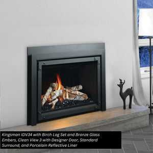 Kingsman IDV34 with Birch Log Set and Bronze Glass Embers Clean View 3 with Designer Door Standard Surround and Porcelain Reflective Liner