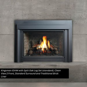 Kingsman IDV34 with Split Oak Log Set Clean View 2 Front Standard Surround and Traditional Brick Liner