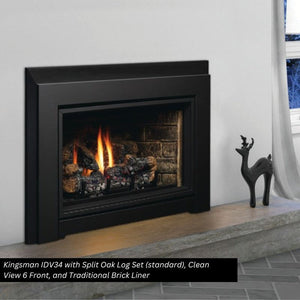 Kingsman IDV34 with Split Oak Log Set Clean View 6 Front and Traditional Brick Liner