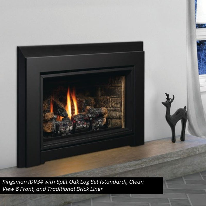 Kingsman IDV34 with Split Oak Log Set Clean View 6 Front and Traditional Brick Liner