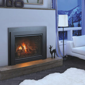 Kingsman IDV44 with Clean View 1 Front Standard Surround Fiber Split Oak Log Set Traditional Brick Liner Face on