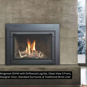 Kingsman IDV44 with Driftwood Log Set Clean View 3 Front Designer Door Standard Surround Traditional Brick Liner