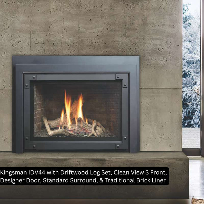 Kingsman IDV44 with Driftwood Log Set Clean View 3 Front Designer Door Standard Surround Traditional Brick Liner