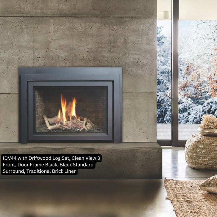Kingsman IDV44 with Driftwood Log Set Clean View 3 Front Door Frame Black Standard Surround Traditional Brick Liner