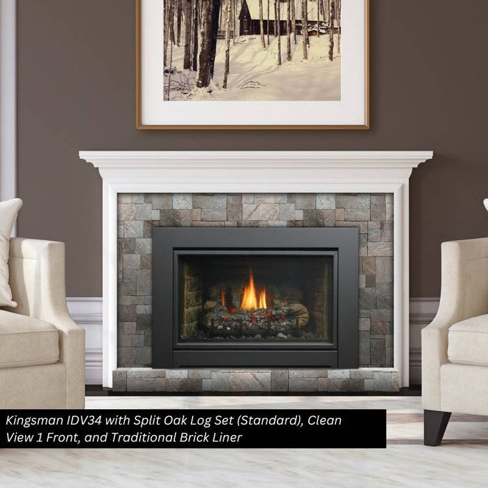 Kingsman IDV34 with Split Oak Log Set Clean View 1 Front and Traditional Brick Liner