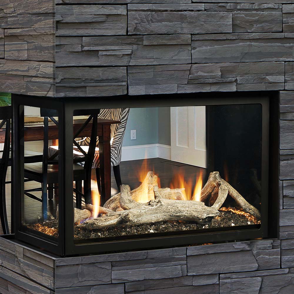 Kingsman Clean View 43-inch peninsula three-sided direct vent gas fireplace with glass media