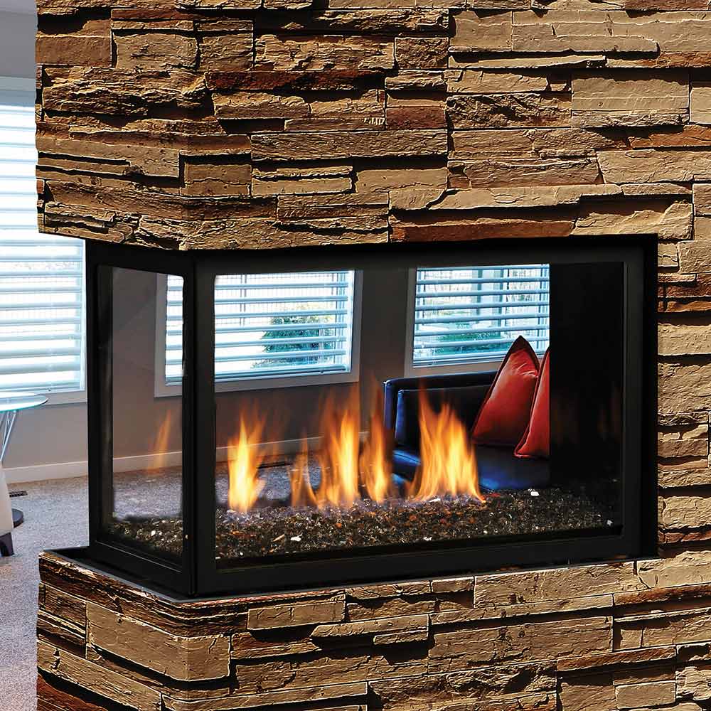 Kingsman Clean View 43-inch high capacity peninsula three-sided direct vent gas fireplace