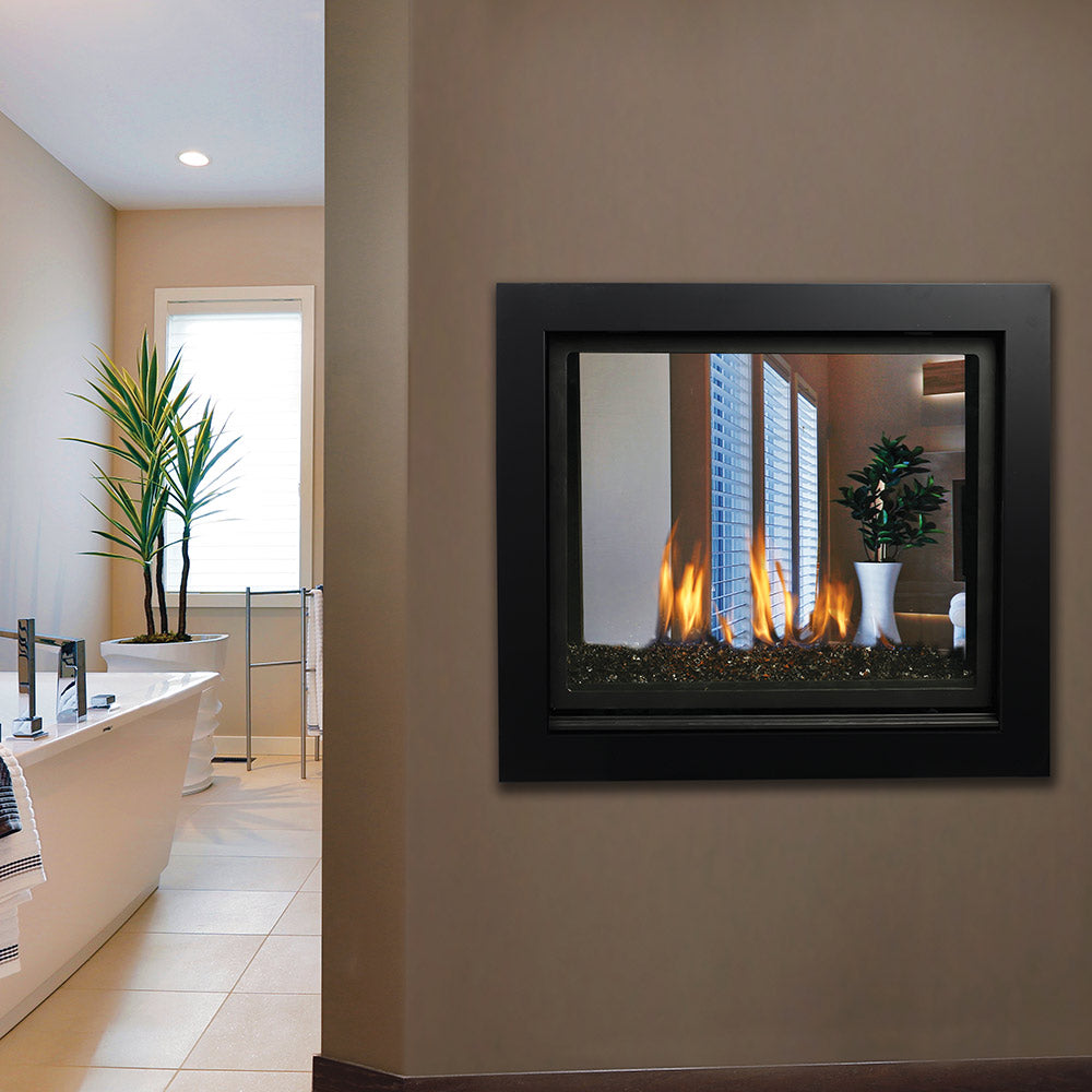 Kingsman Clean View 43-inch high capacity see-through direct vent gas fireplace with ceramic glass and dual safety screens