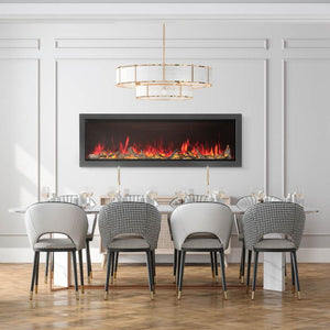 Napoleon Astound 74-inch electric fireplace shown recessed in a modern living room wall