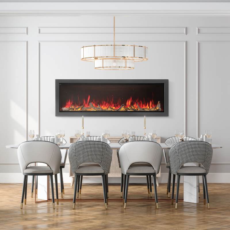 Napoleon Astound 74-inch electric fireplace shown recessed in a modern living room wall