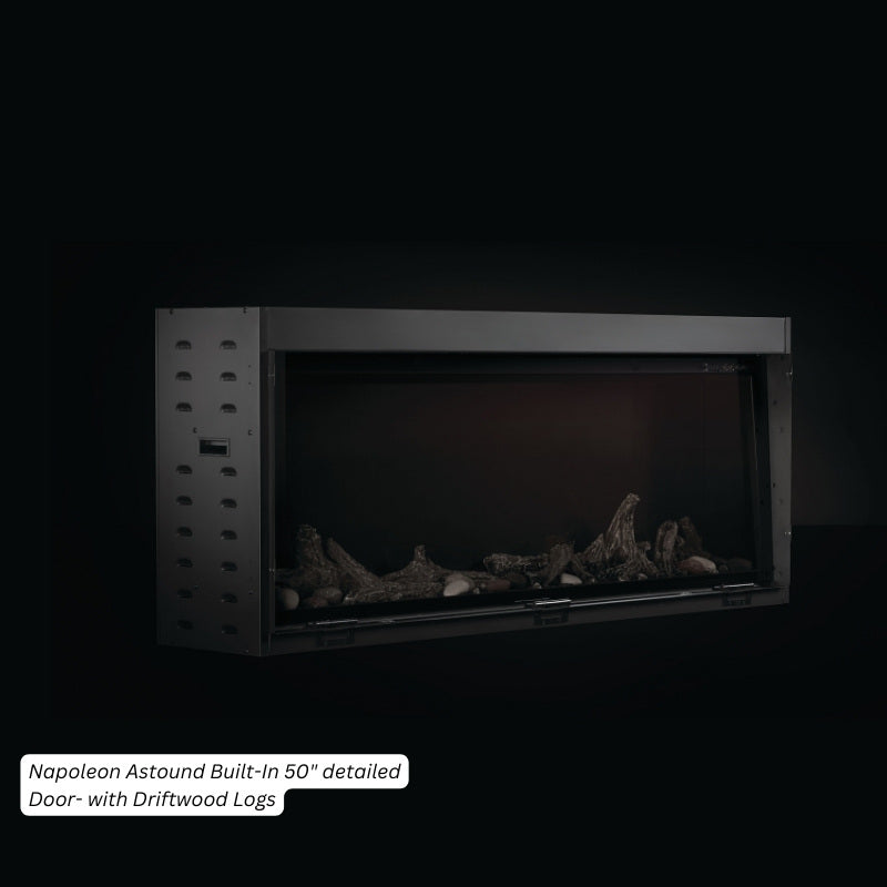 Napoleon Astound built-in electric fireplace with the front glass raised, showing Beach Fire log media