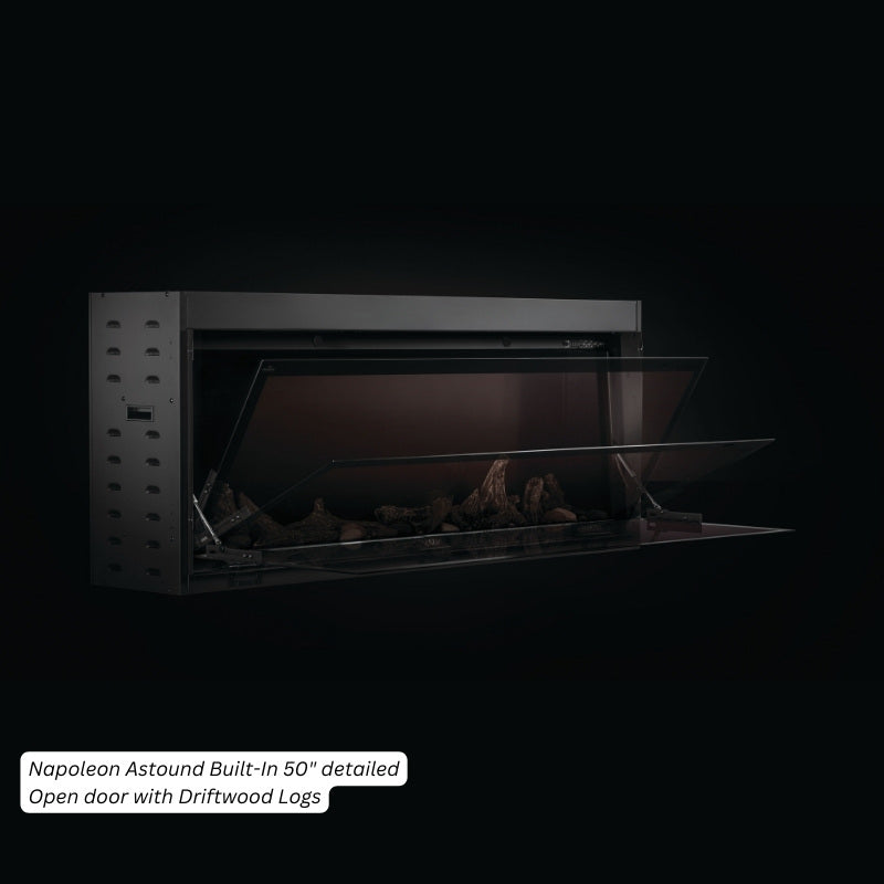 Napoleon Astound built-in electric fireplace with the flip-down glass door open for media access