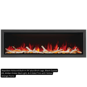 Napoleon Astound 74-inch built-in electric fireplace with birch logs, black crystal media, amber ember bed and yellow-orange flame, 4-sided trim