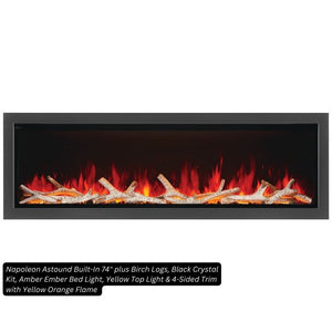 Napoleon Astound 74-inch built-in electric fireplace with birch logs, black crystal media, amber ember bed, yellow top light and yellow-orange flame