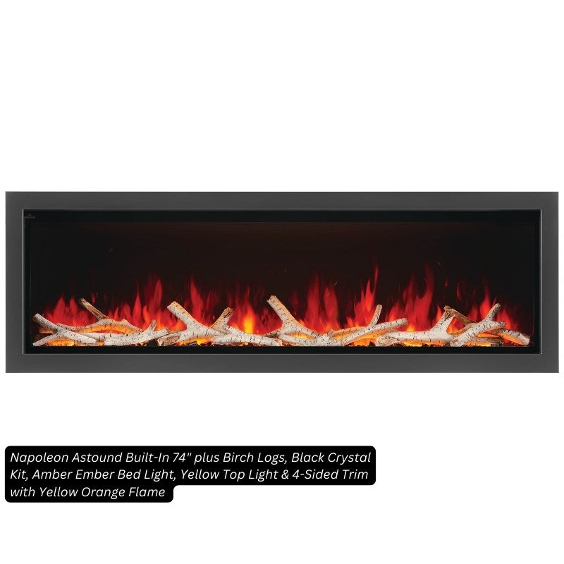Napoleon Astound 74-inch built-in electric fireplace with birch logs, black crystal media, amber ember bed, yellow top light and yellow-orange flame