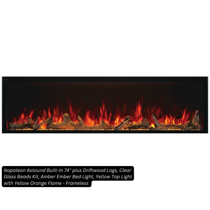 Napoleon Astound 74-inch built-in electric fireplace with Beach Fire logs, clear glass beads and yellow-orange flame, frameless finish