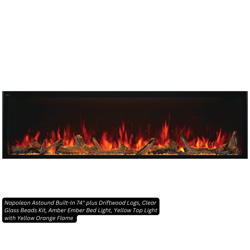 Napoleon Astound 74-inch built-in electric fireplace with Beach Fire logs, clear glass beads, amber ember bed, yellow top light and yellow-orange flame