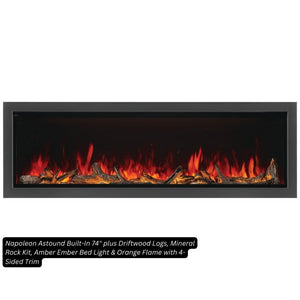 Napoleon Astound 74-inch built-in electric fireplace with Beach Fire logs, mineral rock media, amber ember bed and orange flame, 4-sided trim