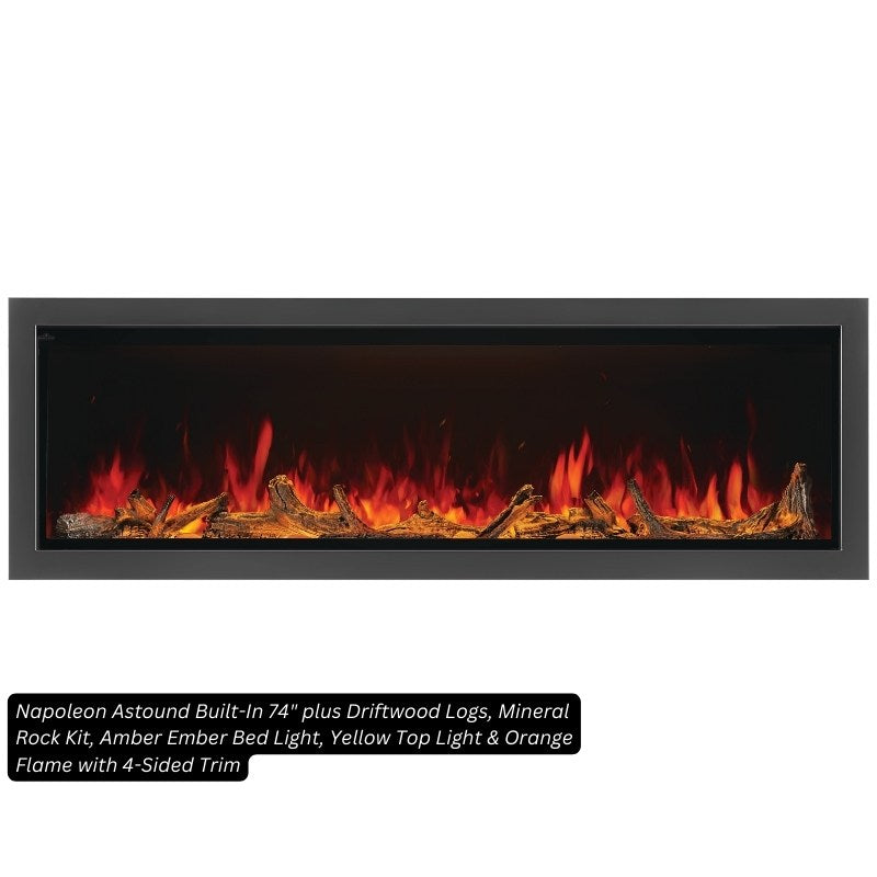 Napoleon Astound 74-inch built-in electric fireplace with Beach Fire logs, mineral rock media, amber ember bed, yellow top light and orange flame