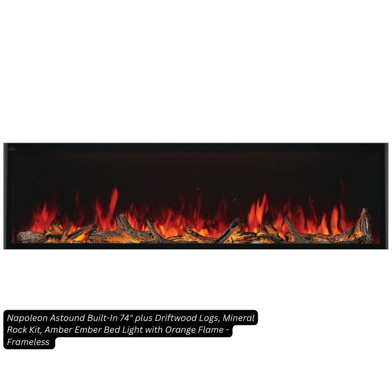 Napoleon Astound 74-inch built-in electric fireplace with Beach Fire logs, mineral rock media, amber ember bed and orange flame, frameless finish