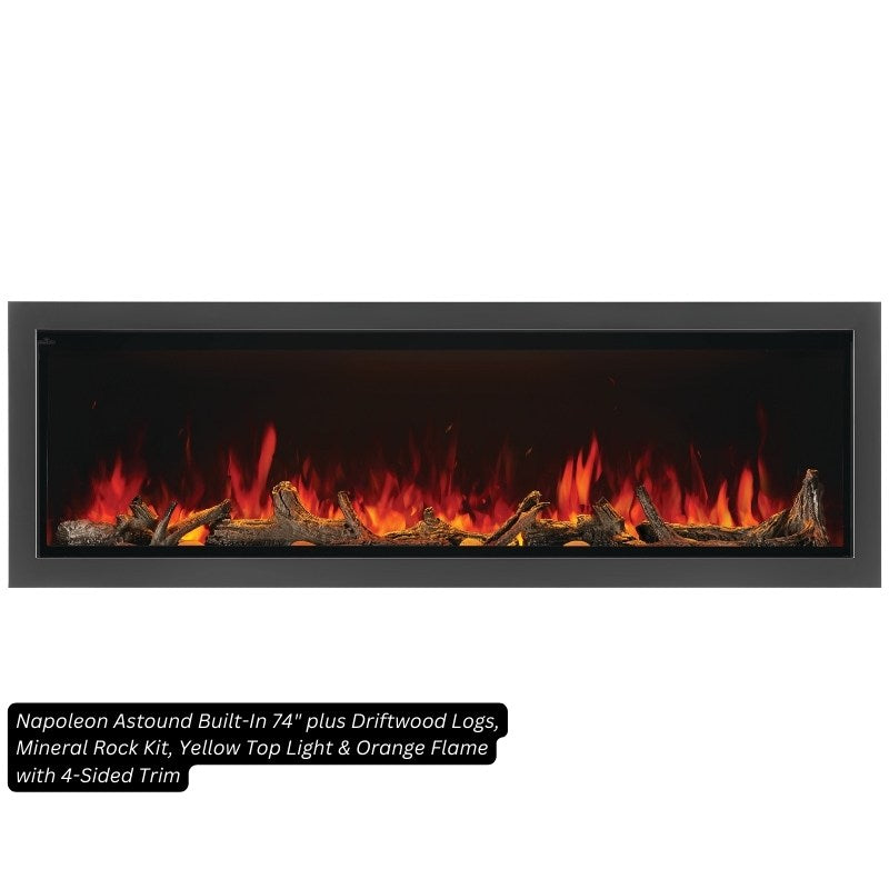 Napoleon Astound 74-inch built-in electric fireplace with Beach Fire logs, mineral rock media, yellow top light and orange flame, 4-sided trim