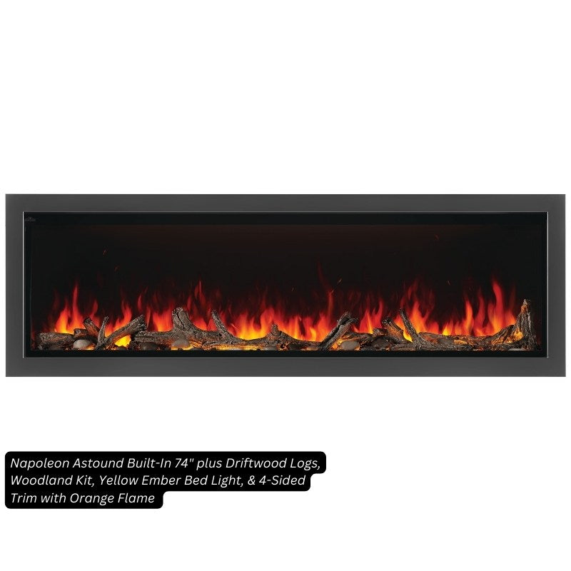 Napoleon Astound 74-inch built-in electric fireplace with Beach Fire logs, Woodland media, yellow ember bed light and orange flame, 4-sided trim