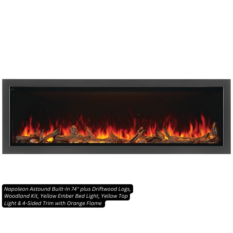 Napoleon Astound 74-inch built-in electric fireplace with Beach Fire logs, Woodland media, yellow ember bed and top lights, orange flame, 4-sided trim